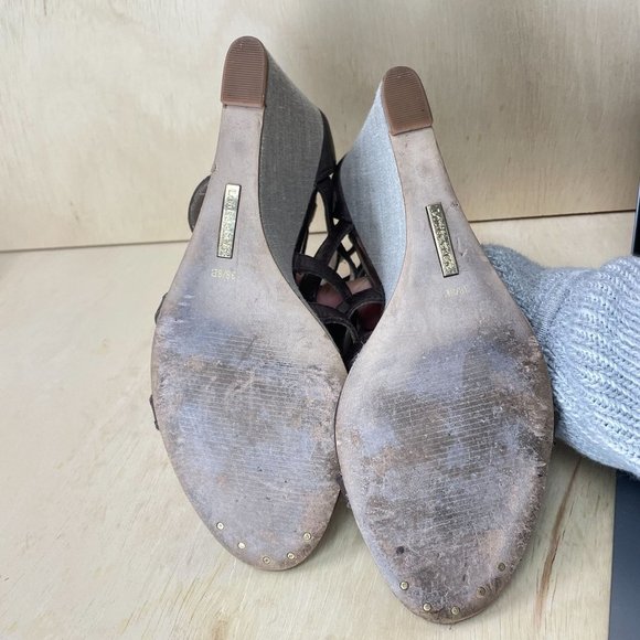 LOUISE ET CIE OPIO Sz 38/8 Brown Leather Tweed Wedges Multi-strap Sandals - Picture 9 of 12